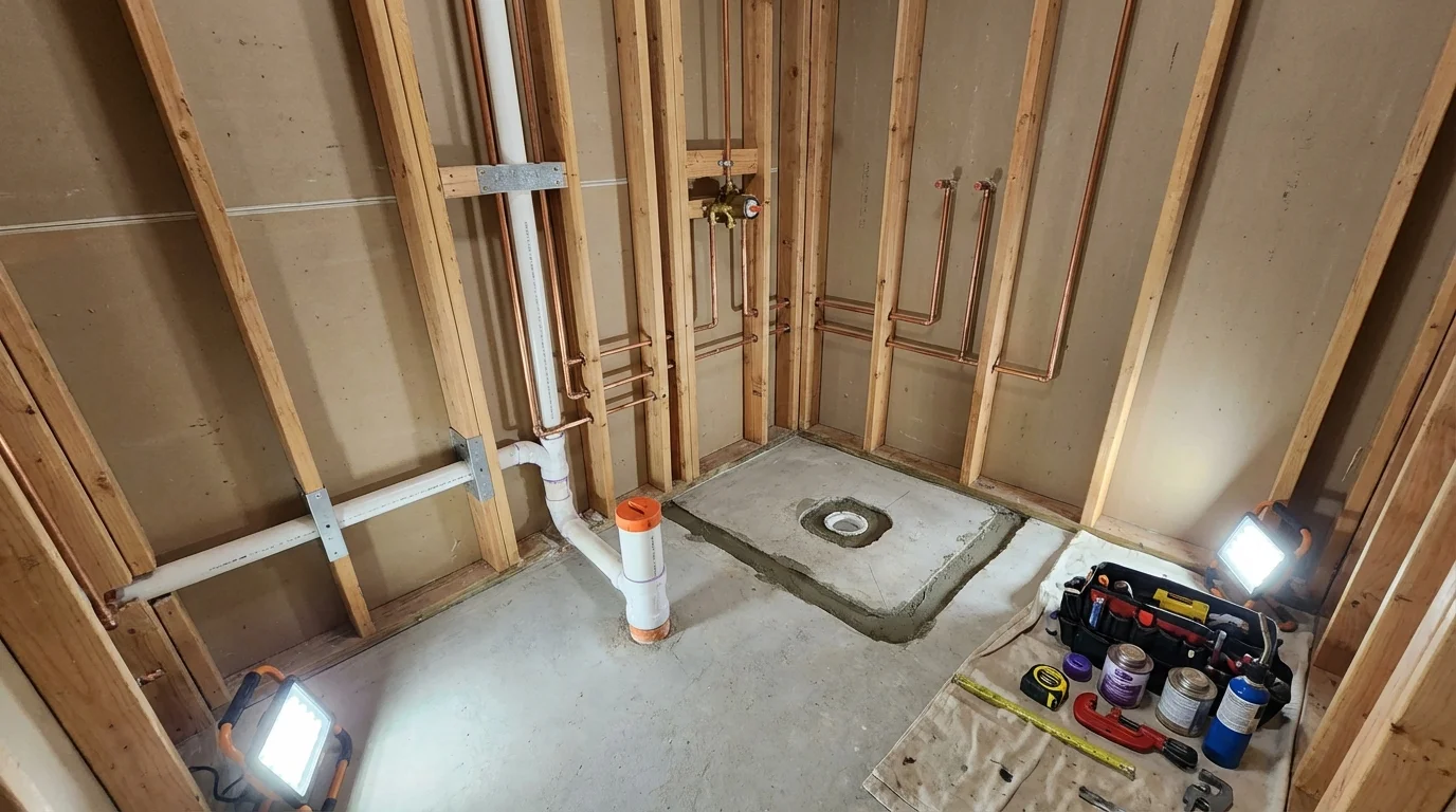 Bathroom rough-in plumbing during remodel by Johns Plumbing LLC in Romeo