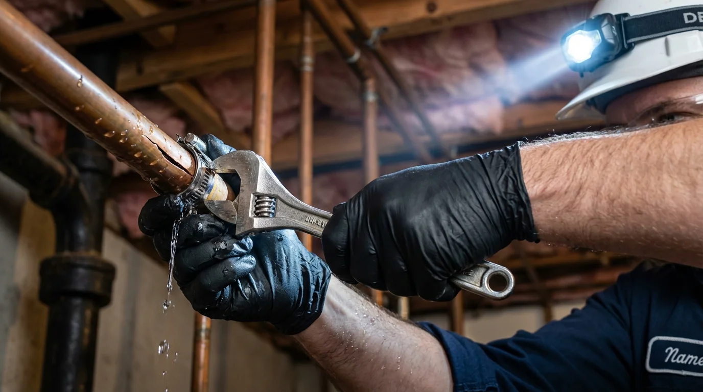 Emergency pipe clamp repair being performed by a Johns Plumbing LLC plumber in Romeo