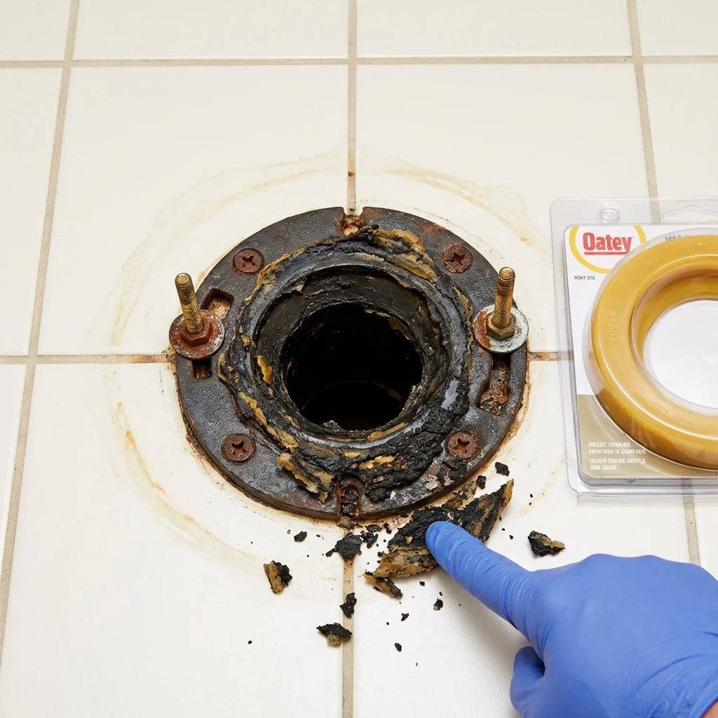 Failed wax ring showing water seepage at the base of a toilet in a Romeo, MI home