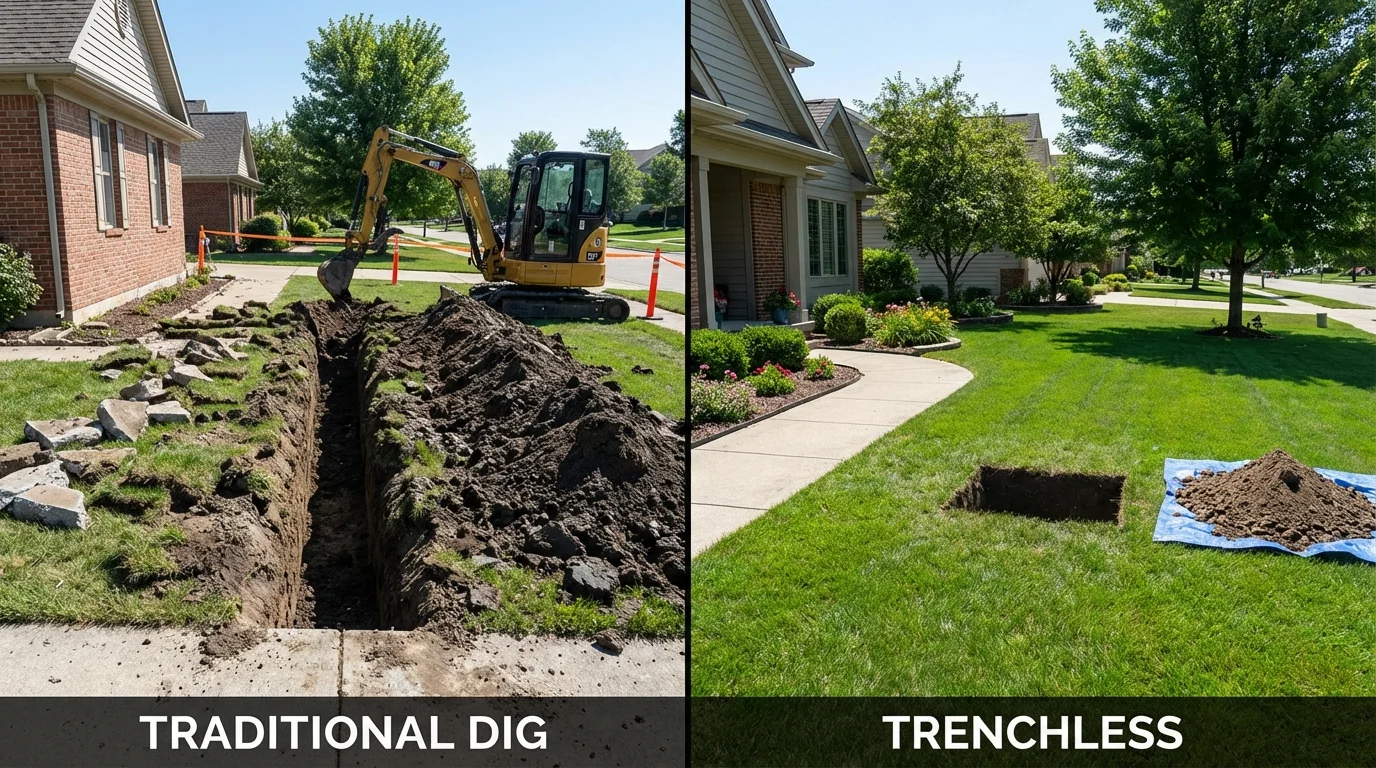 Trenchless sewer repair with minimal yard damage versus traditional excavation in Romeo, MI