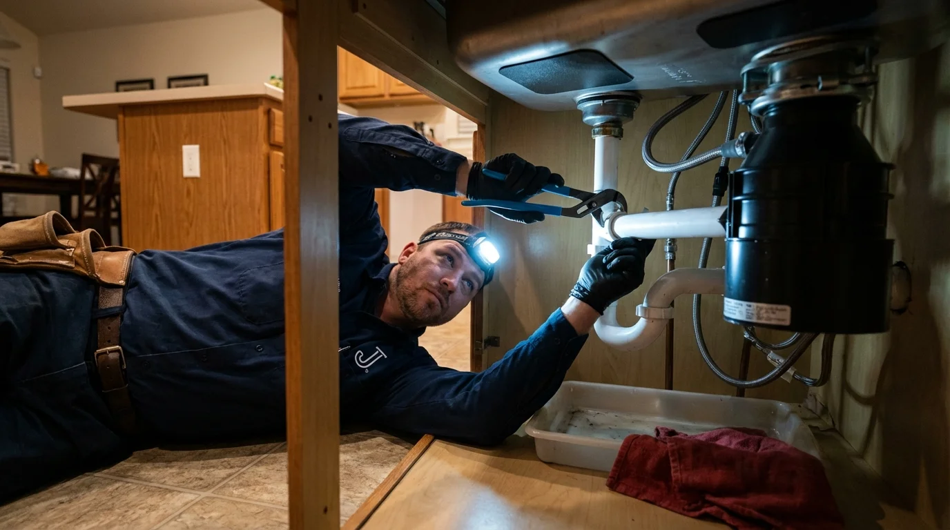 P-trap and supply line connections under a kitchen sink showing a common leak point in Romeo, MI